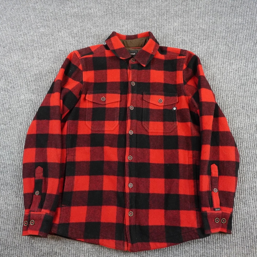 Marmot Wool Shirt Jacket Mens Medium Red Plaid Quilted Lined Outdoor Ridgefield